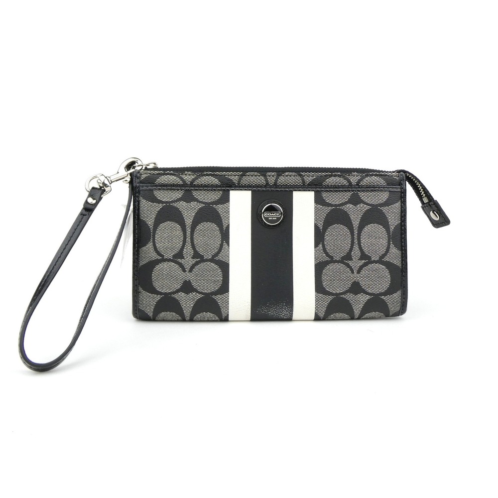 Coach Zippy Signature Stripe Black White PVC Wallet Wristlet F49078